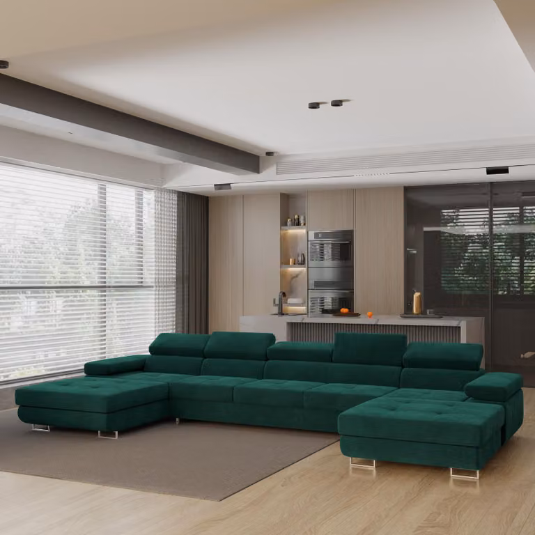 Divano angolare OMBRA di Masseno con funzione letto a U, divano con box letto, divano da soggiorno, divano, divano letto, set di divani - verde, MONOLITH 37