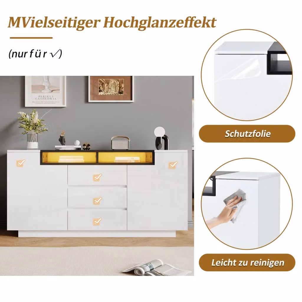 Credenza moderna REDOM con illuminazione LED integrata, finitura lucida, multicolore L/P/H: 140 x 40 x 68 cm – 2