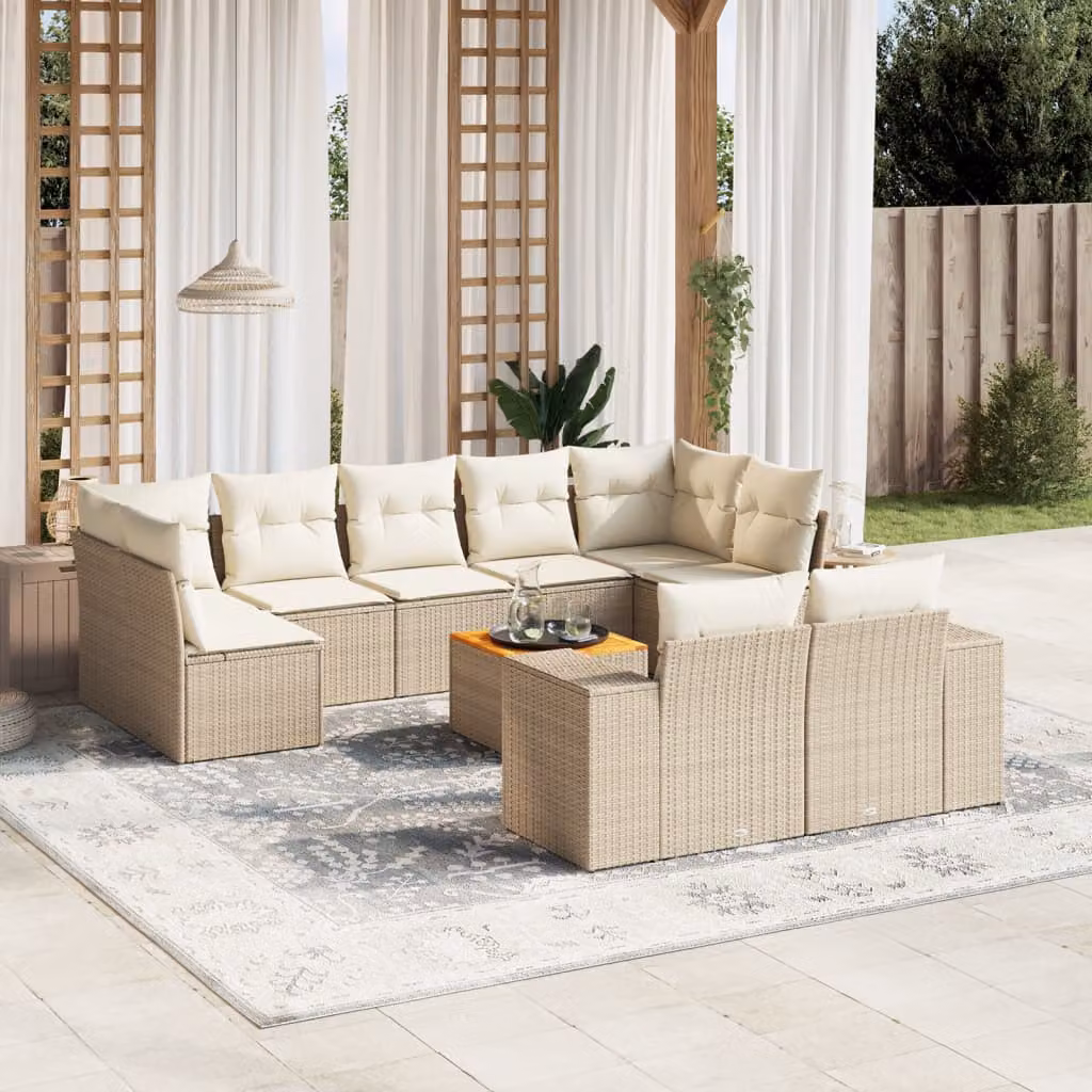 vidaXL Set Divano da Giardino 10 pz a forma di U con Cuscini Beige e Struttura in Polyrattan e Acciaio – 1