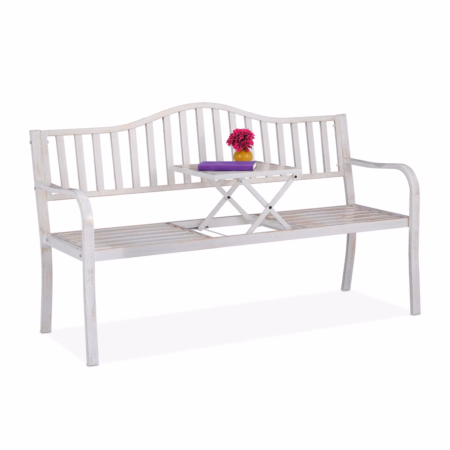 Panchina da giardino Relaxdays con tavolino ribaltabile, 3 posti, da giardino, in metallo, per balcone, L x P x A 89 x 150 x 58,5 cm, bianco-bronzo
