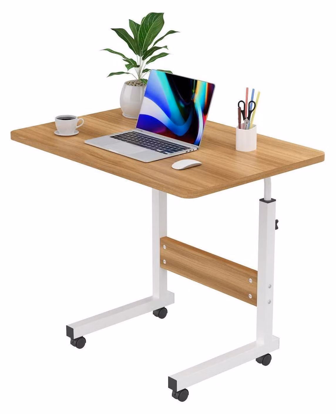 Tavolo per laptop con rotelle, dimensioni 60x40 cm, altezza regolabile da 69 a 90 cm, piano girevole, struttura in legno e metallo