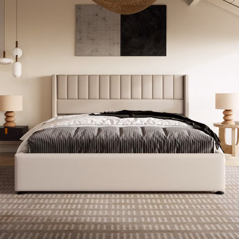 okwish Letto imbottito 140x200 con spazio contenitore a sollevamento idraulico, letto per giovani con struttura in legno, letto singolo color beige, senza materasso