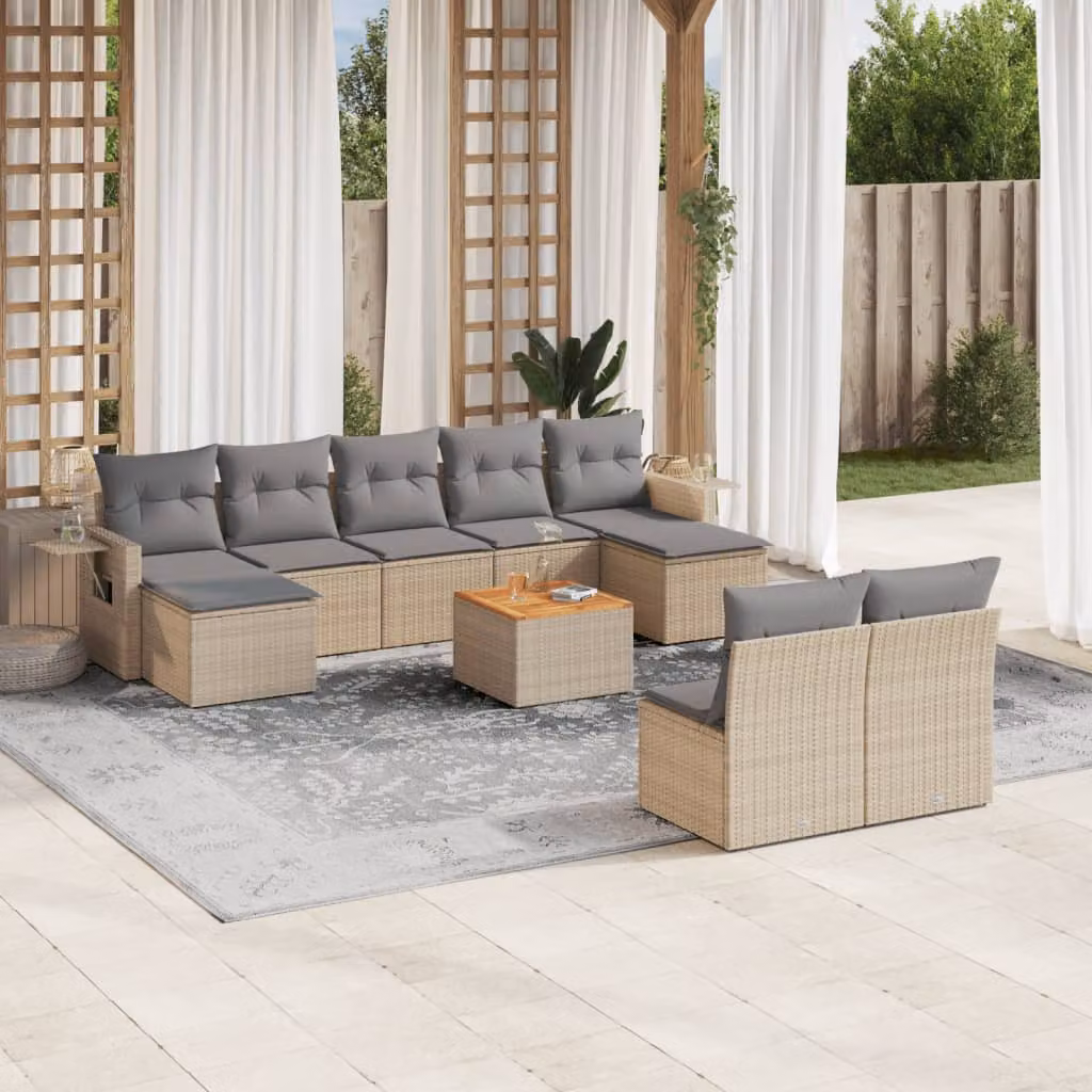 vidaXL Set Divano da Giardino 10 pz in Polyrattan con Cuscini Beige e Grigio – 1