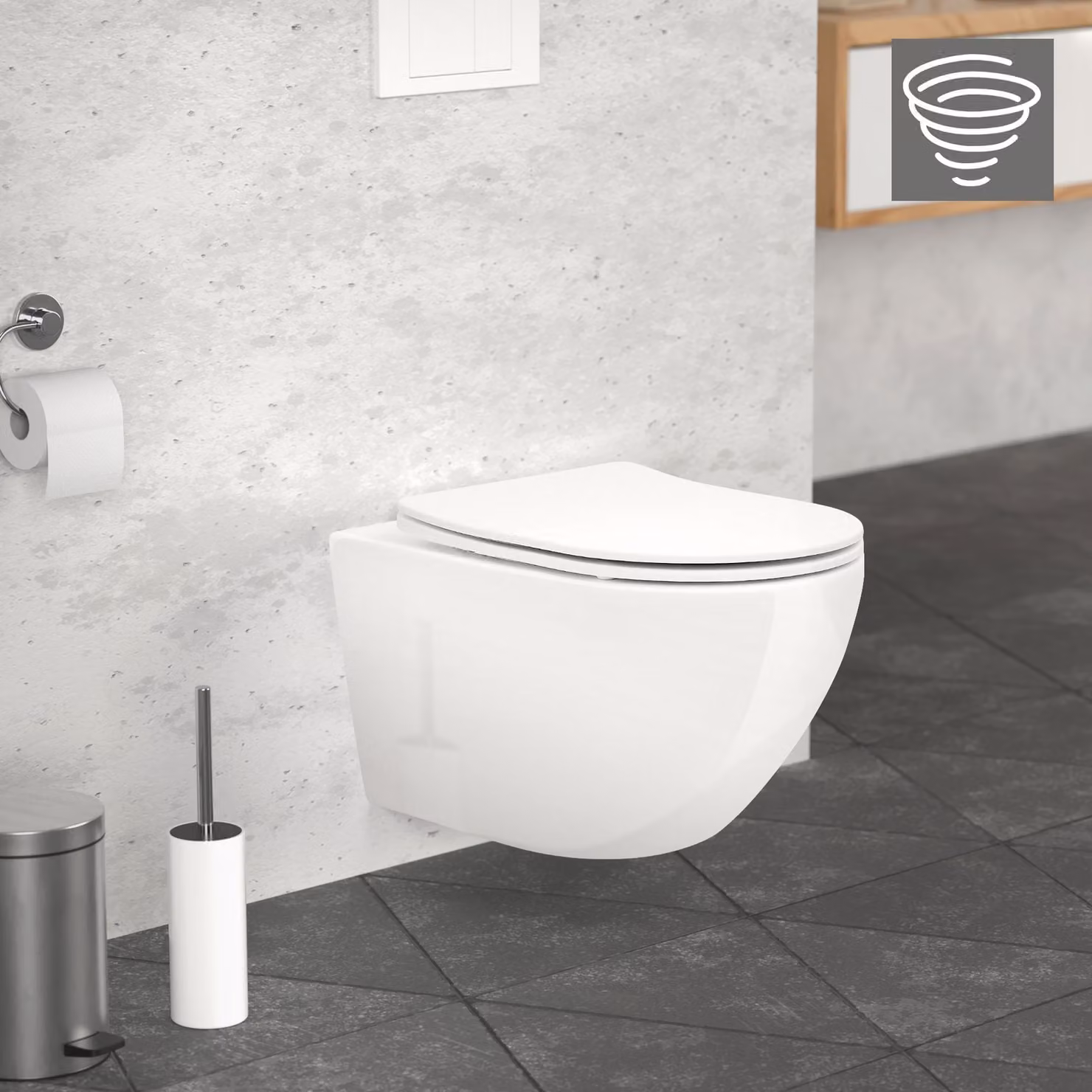 LuxeBath WC sospeso senza bordo, bianco, lungo, scarico Tornado