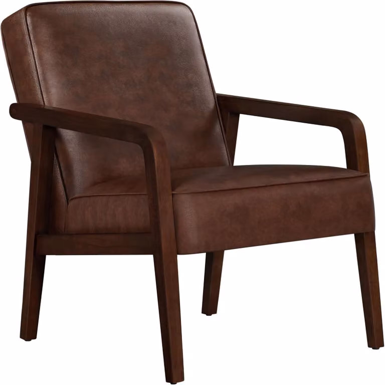 Poltrona lounge vintage - Rivestimento in Pelle finta marrone scuro - Gambe in legno - Poltrona da lettura TV