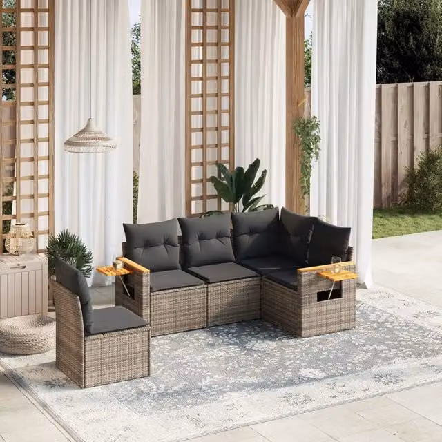 Set Divano da Giardino a L VIDAXL in Polyrattan Grigio con 5 Cuscini – 1