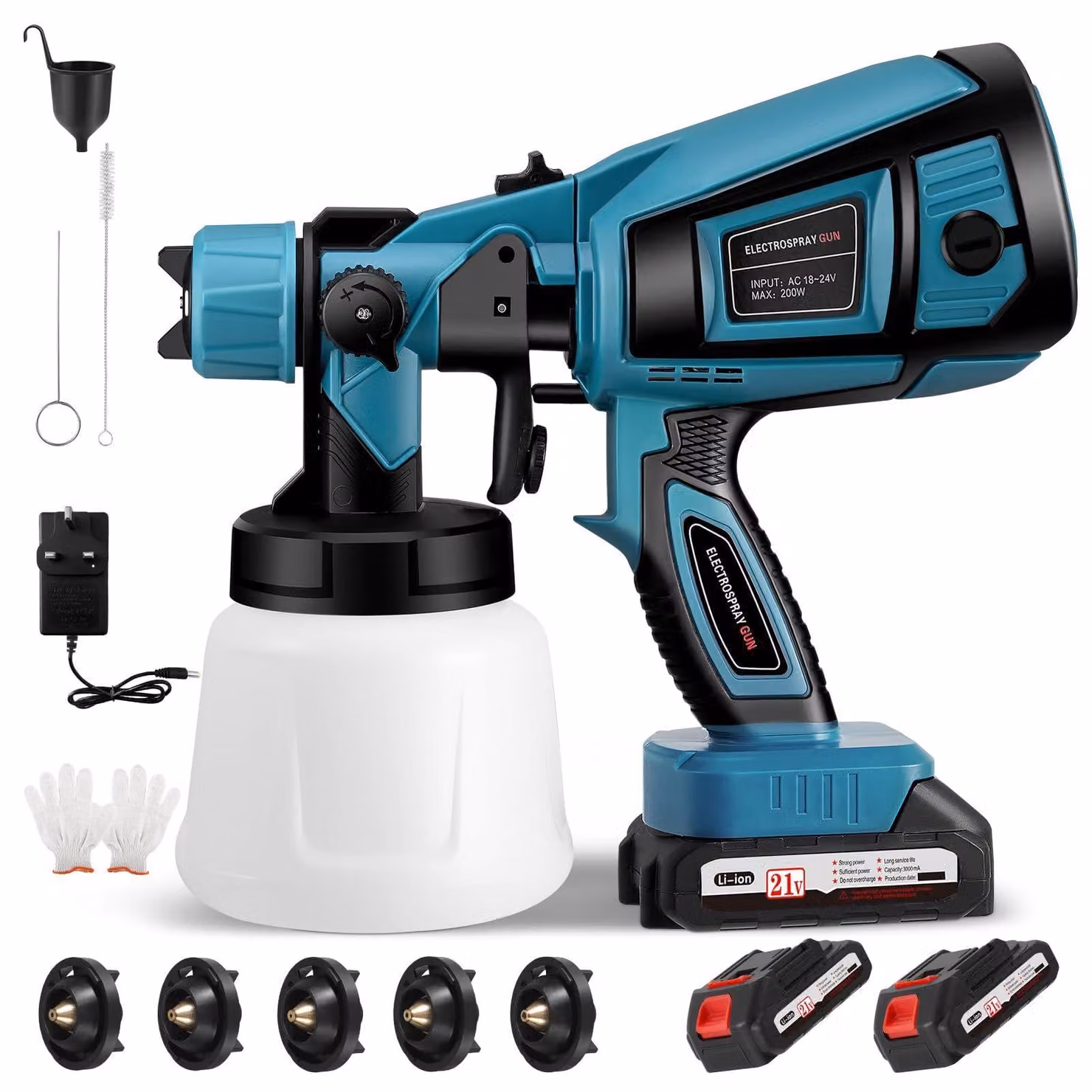 Pistola a spruzzo HVLP senza fili, a batteria da 21 V, con 2 batterie e caricabatterie, serbatoio da 1000 ml, ideale per pareti e mobili