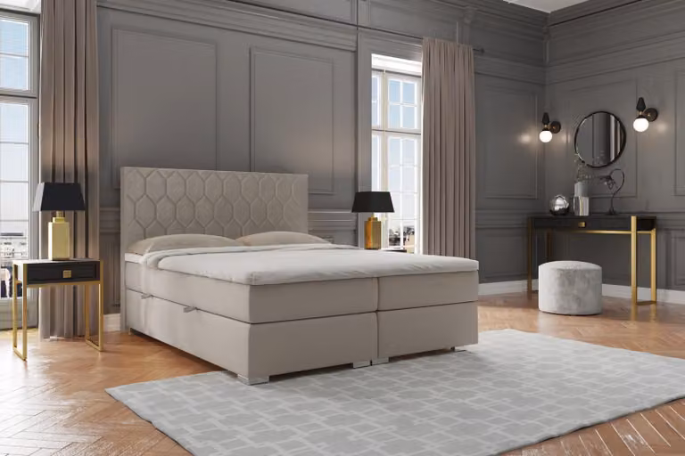 Boxspring Bett Hotel Luxus Betten Polster Funktion Kasten Beige Doppel 180x200