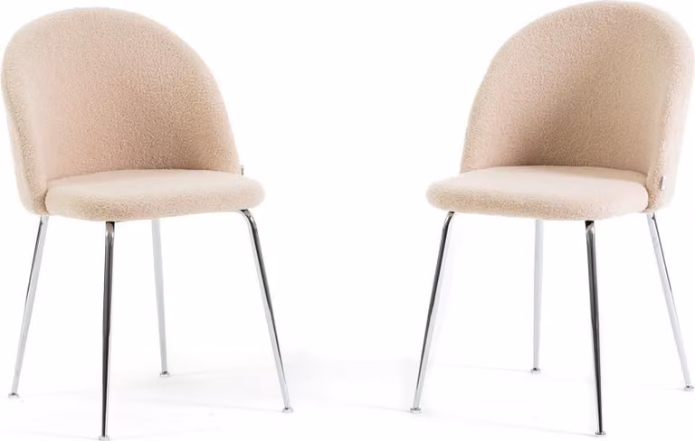 Set di 2 sedie da pranzo in tessuto teddy, imbottite con gambe in metallo, sedie moderne per cucina, sala da pranzo, bar e ristoranti SARA - crema / argento