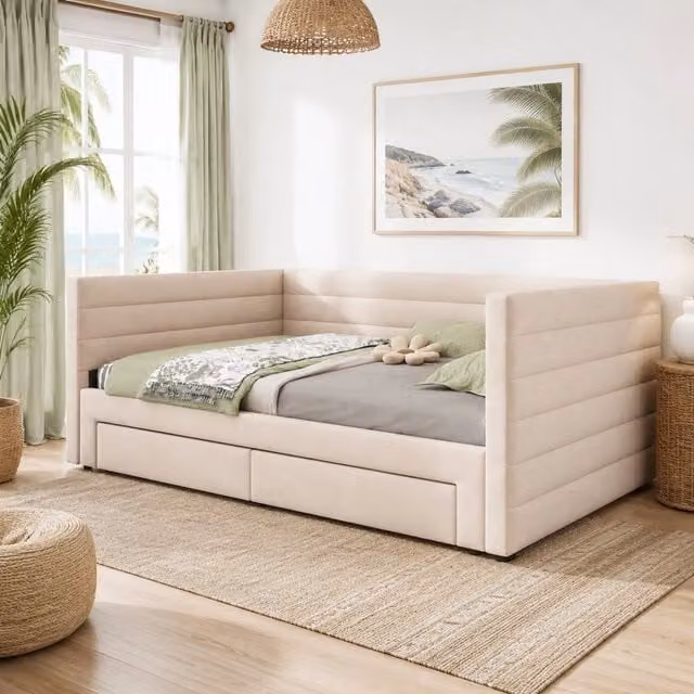 Letto imbottito 3 in 1 estraibile 90x190 cm con 2 cassetti; beige