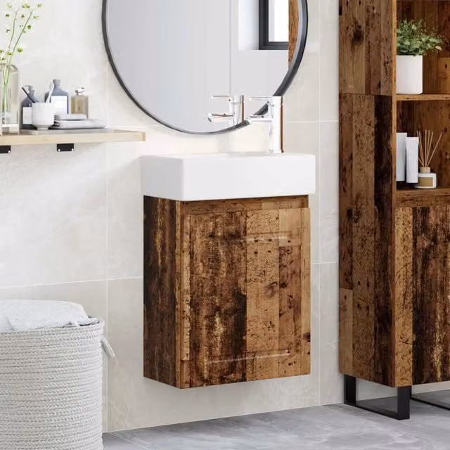 Mobile bagno sospeso vidaXL in legno e ceramica, colore bianco e marrone, L: 45,5 cm, P: 22,5 cm, H: 84 cm