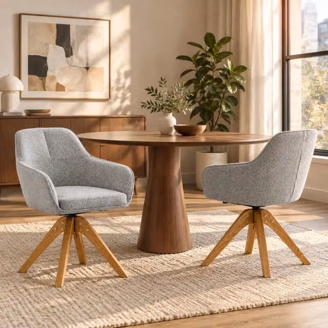 Set 2 sedie da pranzo girevoli ULEVR 360¡ã con braccioli, tessuto grigio e gambe in rovere massello