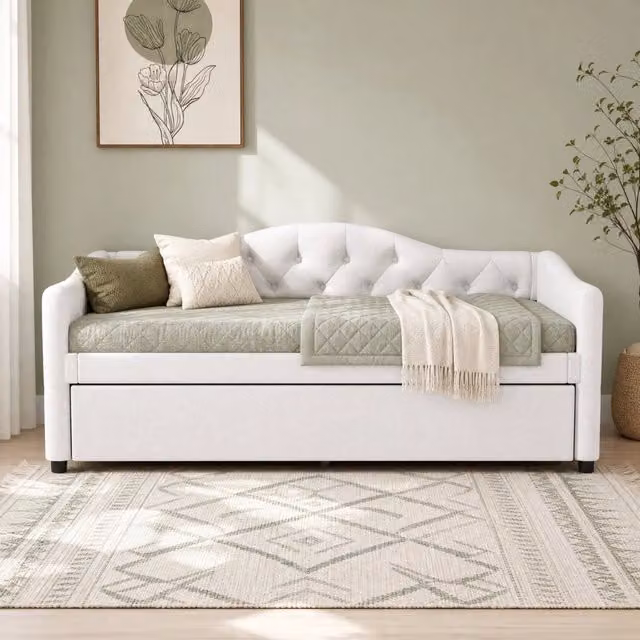 Letto da giorno ULEVR 90x200 cm con letto estraibile 90x190 cm, struttura in lino e MDF, beige