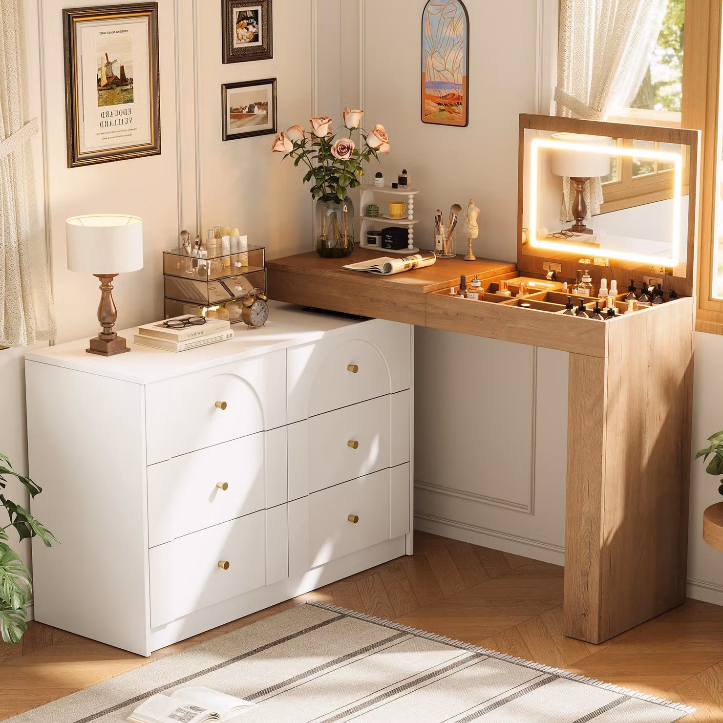 Comò da trucco Merax con illuminazione a LED – Scrivania e comò in un unico mobile, con 7 cassetti, tavolino per cosmetici, 105 x 40 x 80 cm, bianco e naturale