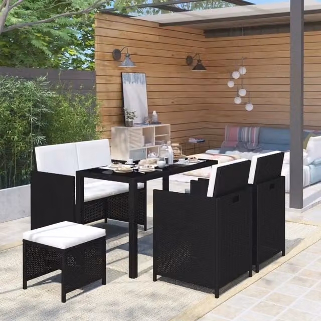 Set da Pranzo per Esterni 6 pz con Cuscini in Polyrattan Nero 43903