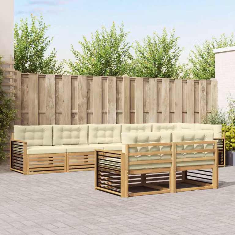 Set di divani da esterno vidaXL a forma di L composto da 8 pezzi in legno di acacia con cuscini bianchi e beige