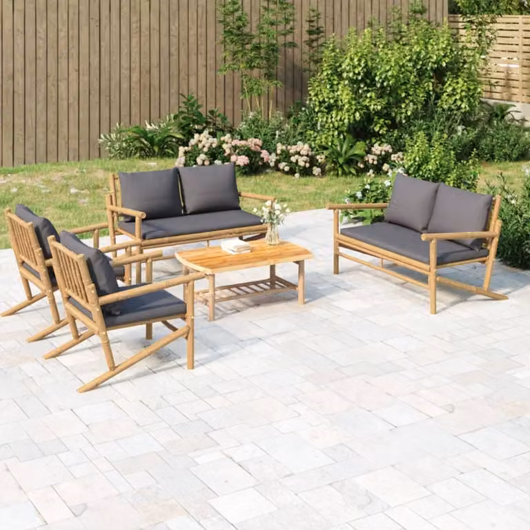 Set Salotto da Giardino vidaXL in Bambù con Cuscini e Tavolino da Caffè, Colore Marrone e Grigio