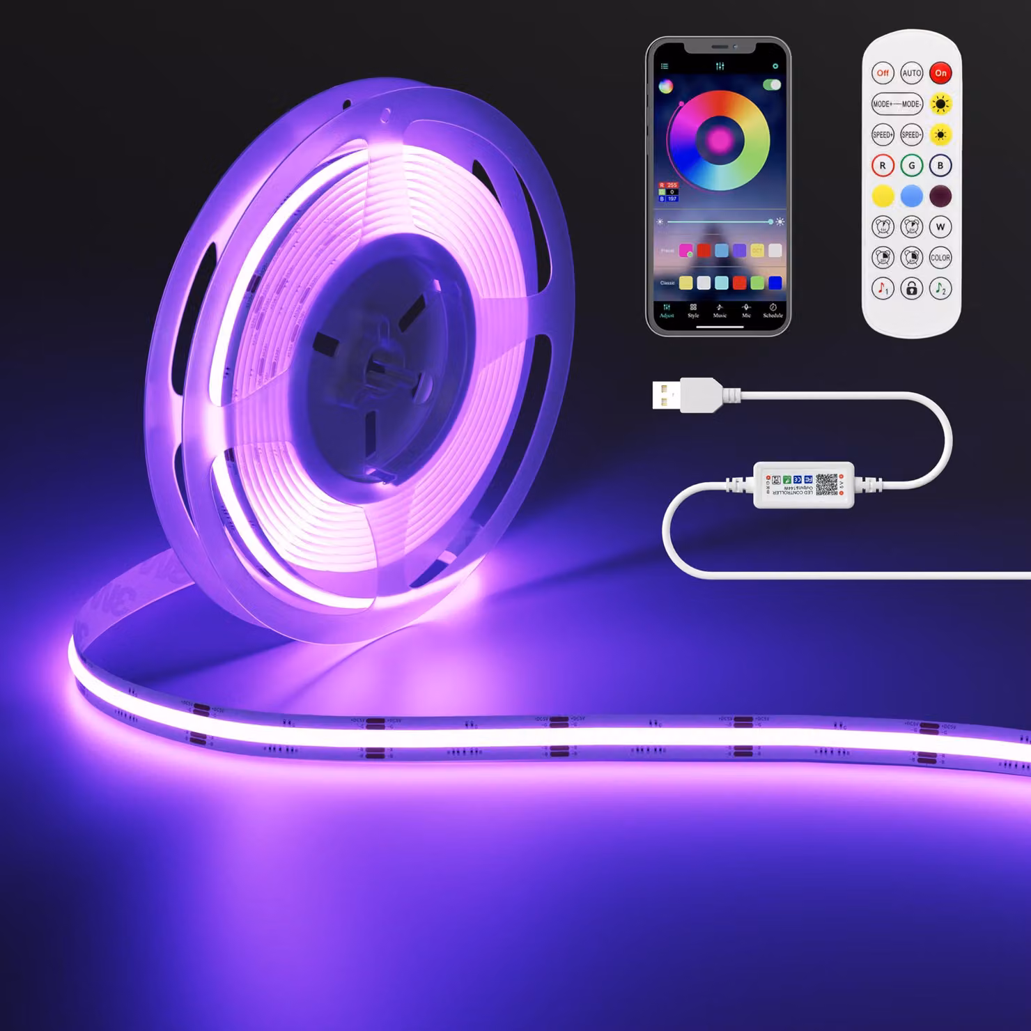 Striscia LED RGB COB da 1 metro con 5V USB, controllabile tramite app Bluetooth, per illuminazione con cambio colore