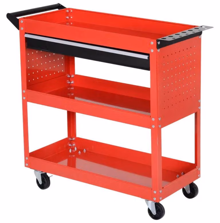Carrello portattrezzi a 3 livelli con cassetto | Colore: Rosso | Dimensioni: 35x82x76 cm