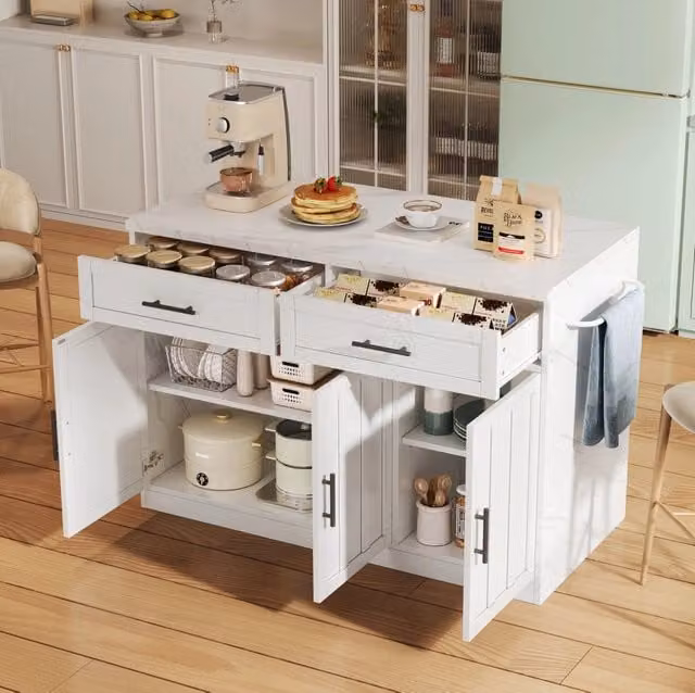 Isola cucina con piano bar; 2 cassetti; 3 ante; prese USB e piano effetto marmo; bianca