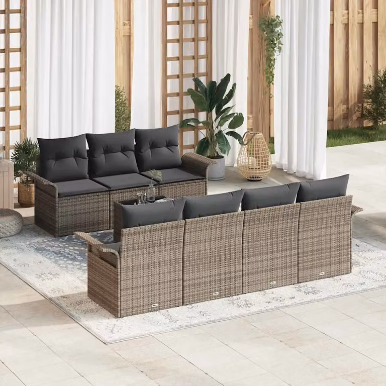 Set Divano da Giardino vidaXL 8 Pezzi a Forma di U in Polyrattan Grigio con Cuscini e Tavolino da Caffè