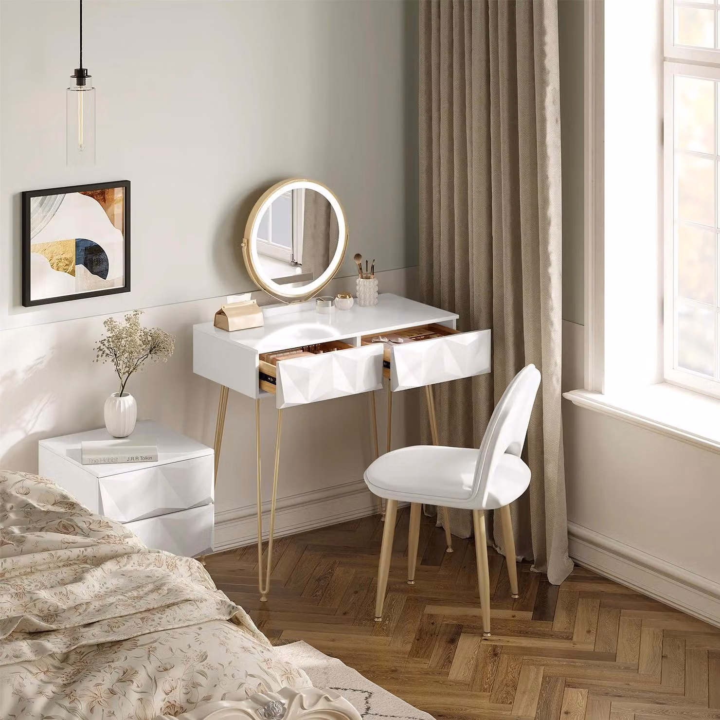 Tavolino da trucco - Comodino da trucco - Specchiera - Comodino - Scrivania da trucco - Oro bianco - Specchio con LED, 3 livelli di illuminazione