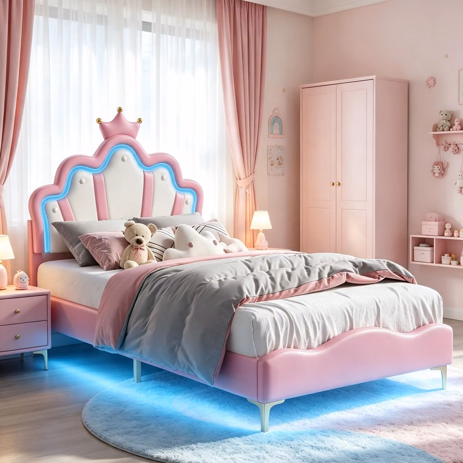 Letto per bambini INONEFT, 90x200 cm, con imbottitura in ecopelle, design da principessa con testiera a forma di , letto per adolescenti, letto singolo con rete a doghe, colore rosa
