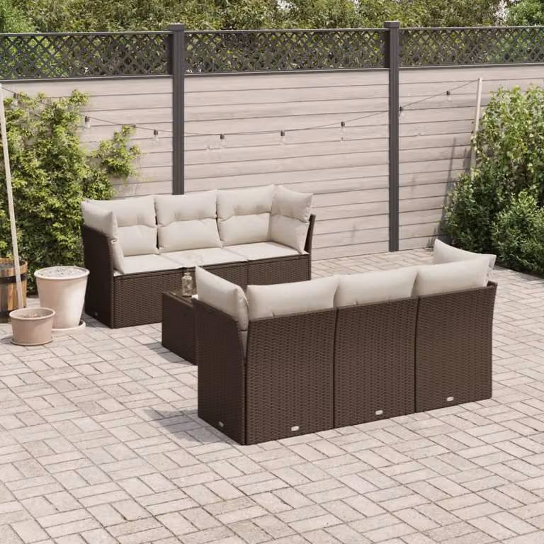 vidaXL Set Divani da Giardino 7 Pezzi a Forma di L con Tavolino in Vetro e Cuscini Marroni e Bianchi in Polyrattan e Acciaio