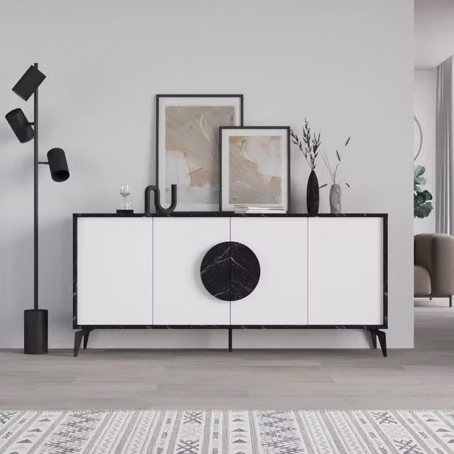 Madia 4 ante effetto marmo Gora180 colore bianco e nero 180x35,6x82
