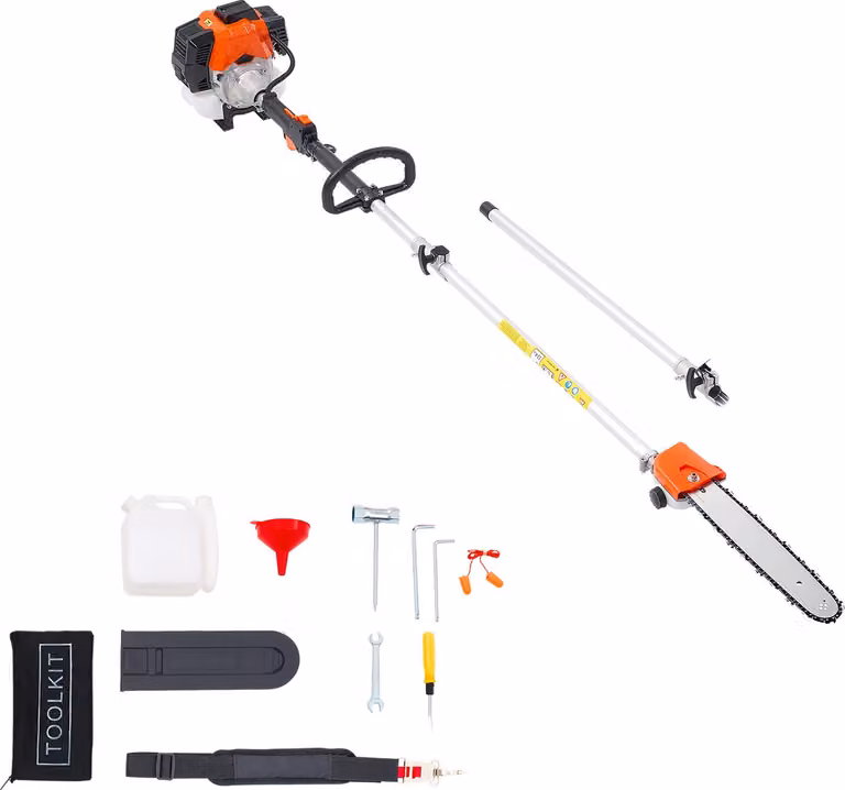 Potatore a benzina SucceBuy, 2 tempi, 52 cc, motosega, sega telescopica con asta estensibile da 2,2 a 2,94 m, lama da 35,6 cm, serbatoio carburante da 850 ml, per un taglio efficiente e sicuro delle chiome degli alberi più alti.