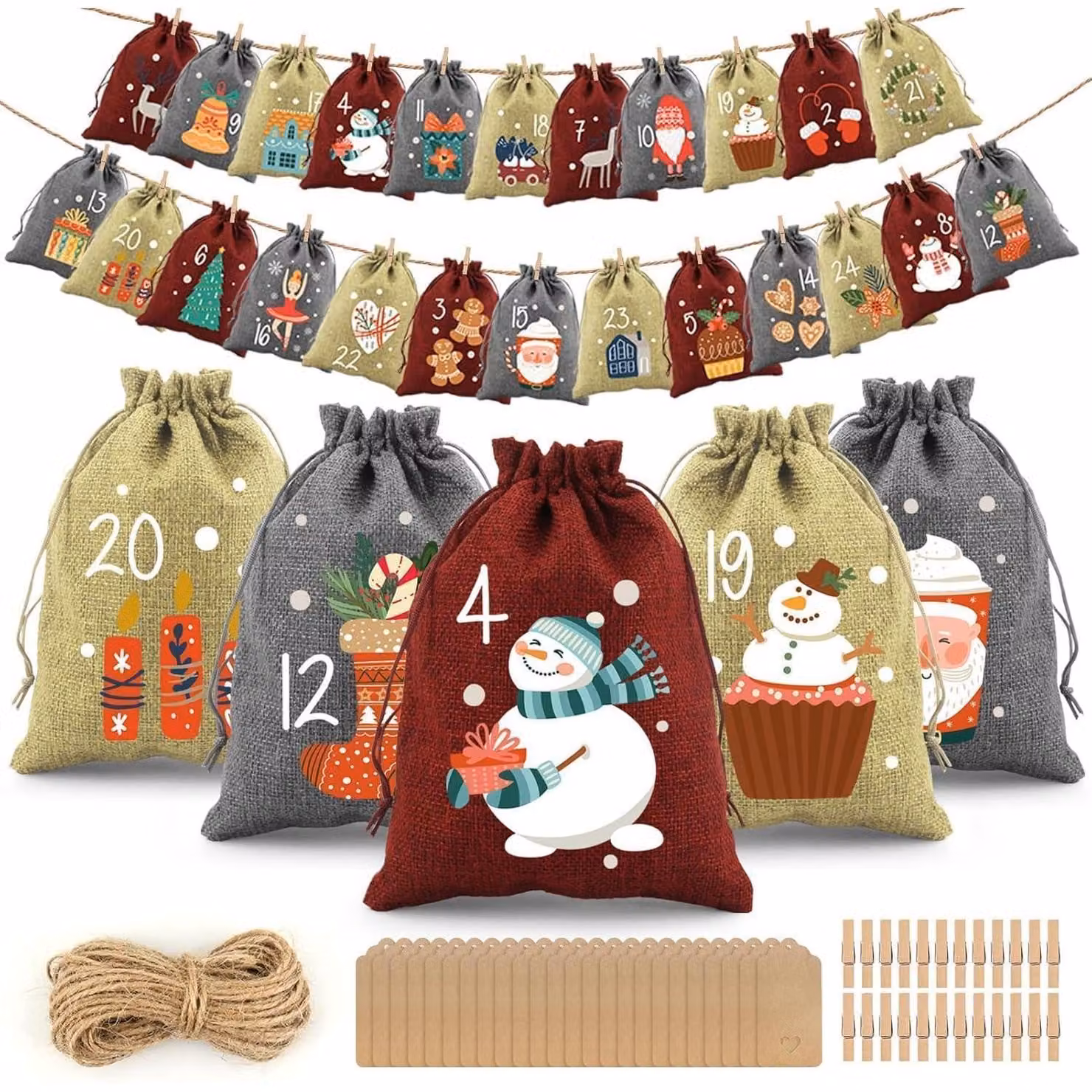 Calendario dell'Avvento da riempire: 24 sacchetti di tessuto di juta, ideali per decorazioni natalizie fai-da-te, nei colori rosso, giallo e grigio, dimensioni 16x20 cm