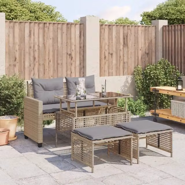 Set Divano da Giardino 4 pz con Cuscini-Sofa da Giardino-Divanetto da esterno Beige Polyrattan Vetro 468856