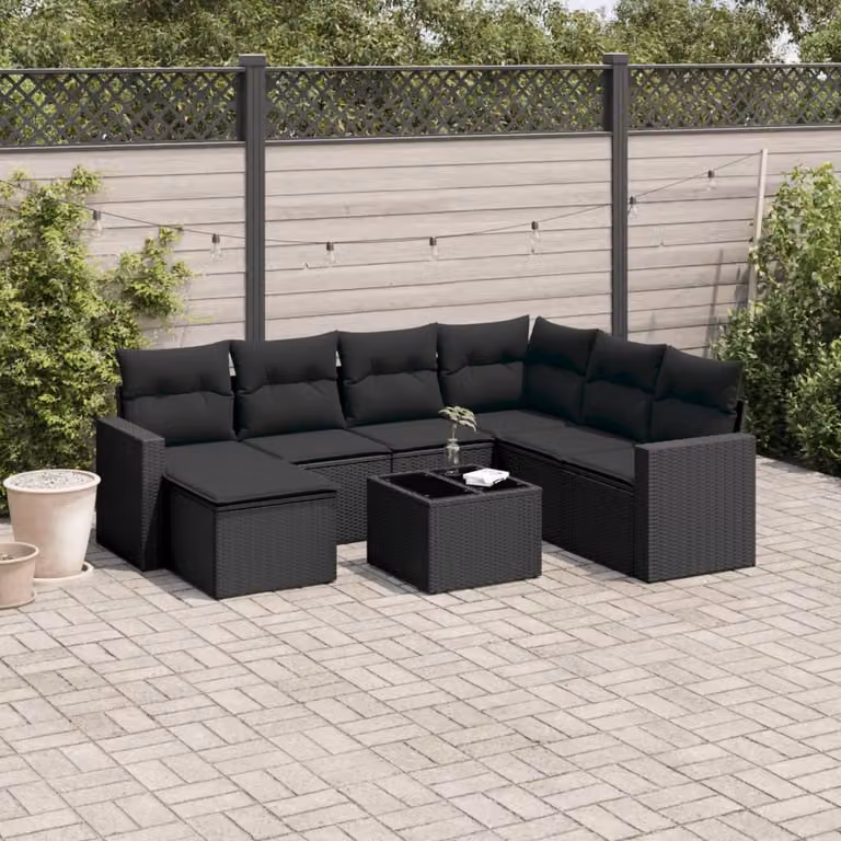 Set Divani da Giardino vidaXL in Polyrattan Nero con Cuscini e Tavolino da Esterno 8 pz