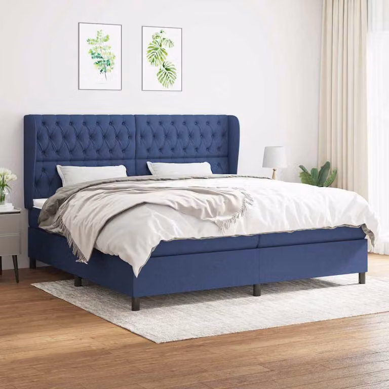 vidaXL Giroletto a Molle con Materasso Ibrido in Tessuto Blu e Bianco L/P/H: 200 x 200 x 128 cm