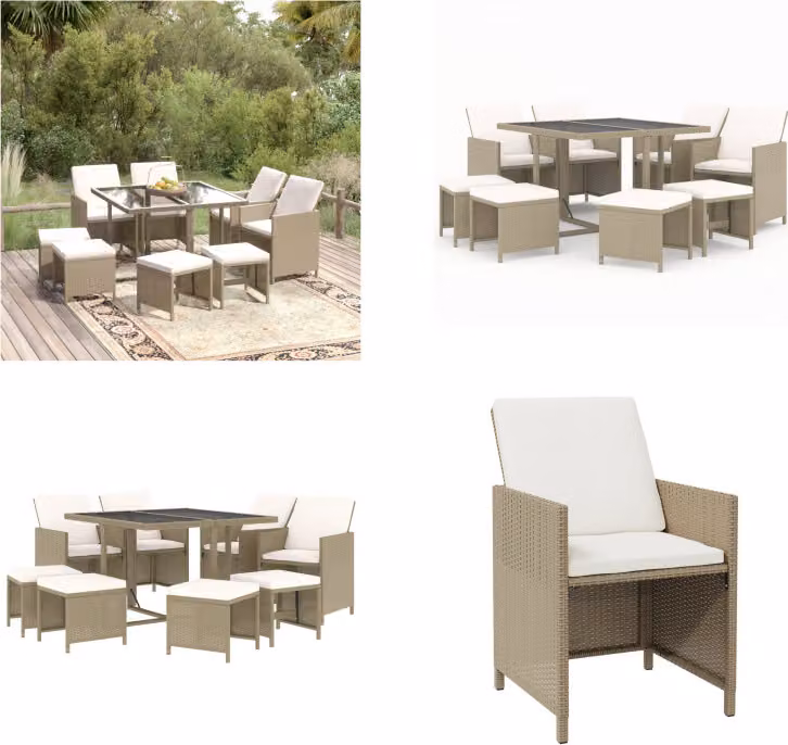 vidaXL Set da pranzo da giardino 9 pezzi con cuscini in poly rattan beige - Set da pranzo da giardino - Set da pranzo in poly rattan - Set da pranzo da esterno