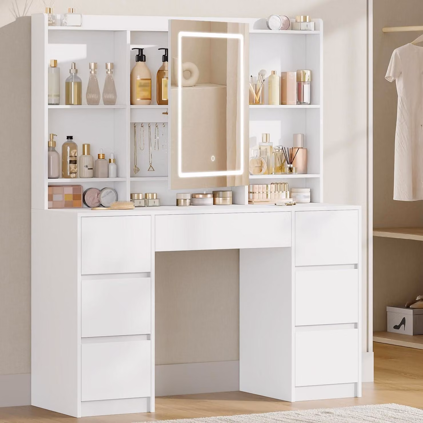 Comò da trucco con illuminazione a LED, 7 cassetti, 4 ripiani, spazio contenitivo dietro lo specchio, colore bianco
