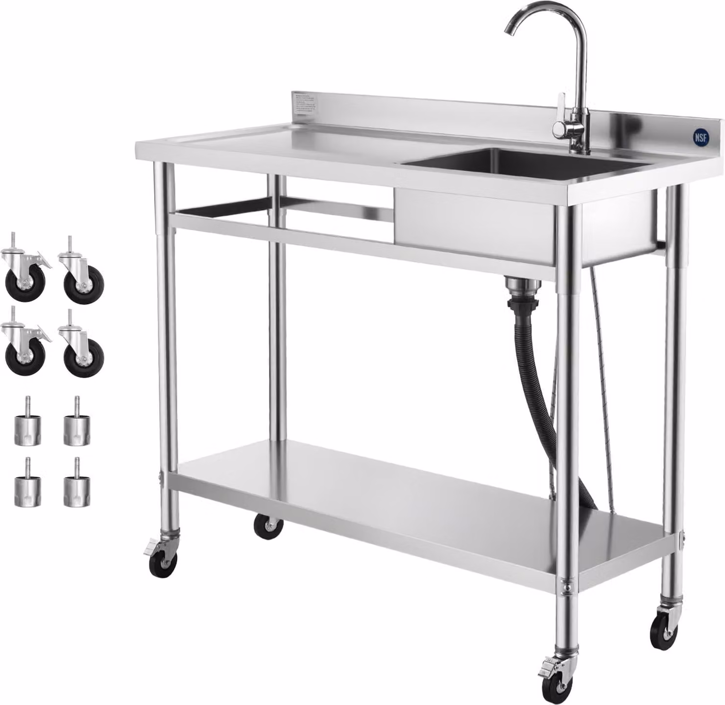 Lavello SucceBuy in acciaio inox (1200 x 500 x 1055 mm), monovasca con rubinetto e rotelle, lavello da cucina per garage, ristorante e lavanderia, lavello da esterno con piano di lavoro (a sinistra)
