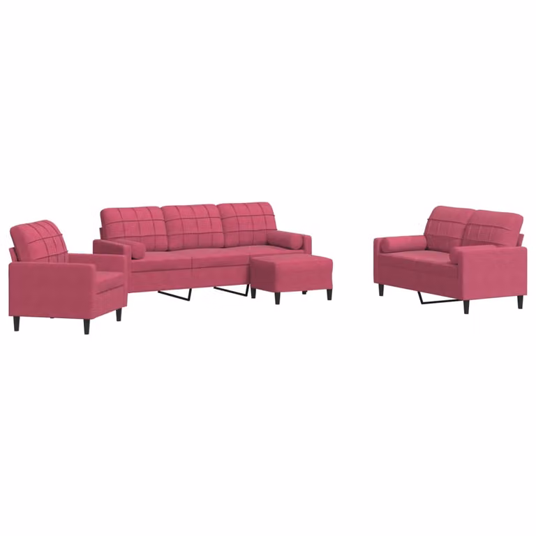 Set di Divani 4 pz con Cuscini e Rinforzi Rosso Vino in Velluto