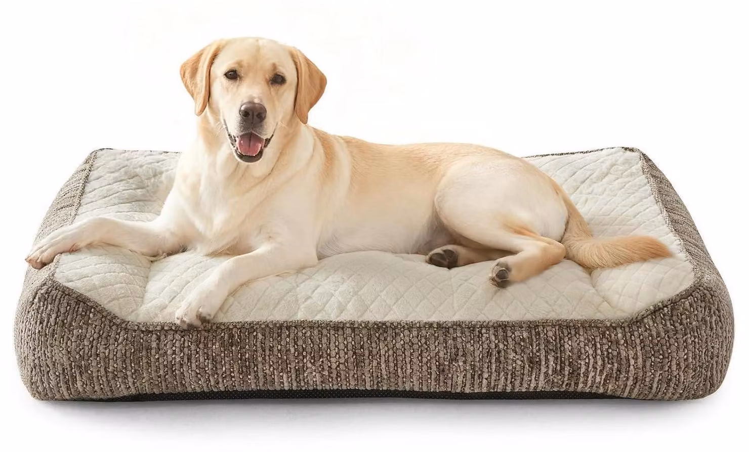 Cuccia ortopedica per cani di grossa taglia, ergonomica, lavabile, con rivestimento removibile, antiscivolo, con bordo rialzato, in pile con motivo a fiocchi di neve, dimensioni 97x71x22 cm, color beige