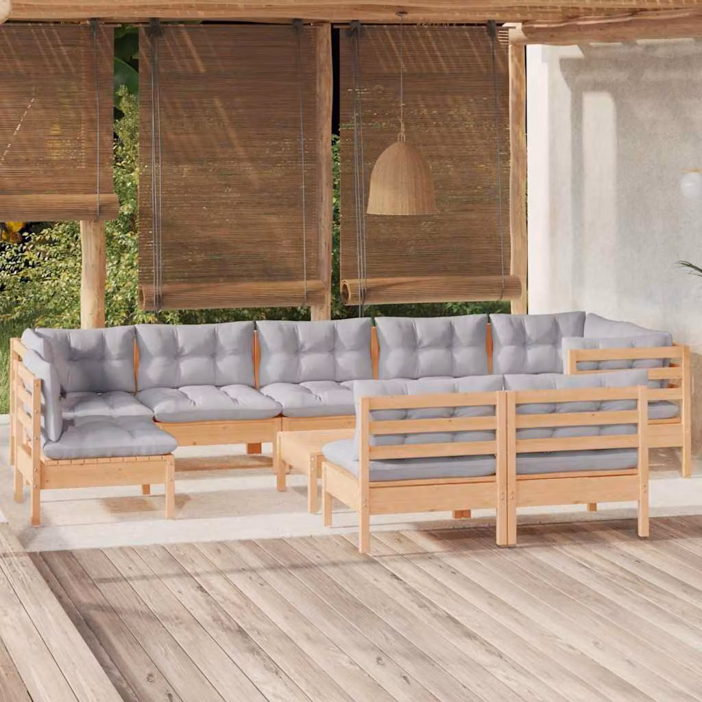 Set di divani da giardino vidaXL in legno di pino massello con cuscini grigi, composizione a L con elementi angolari, divano a 3 posti e pouf