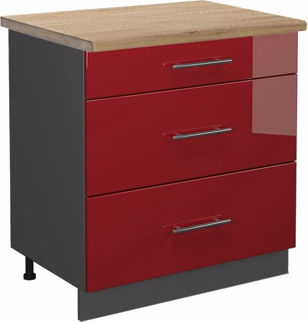 Mobiletto base per cucina Fame-Line Bordeaux lucido/Antracite 80 cm con 3 cassetti, PL Rovere Vicco