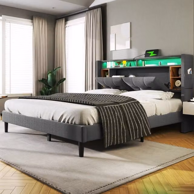 Letto imbottito 140x200 cm con testiera contenitore; LED; 2 USB e 2 prese; grigio