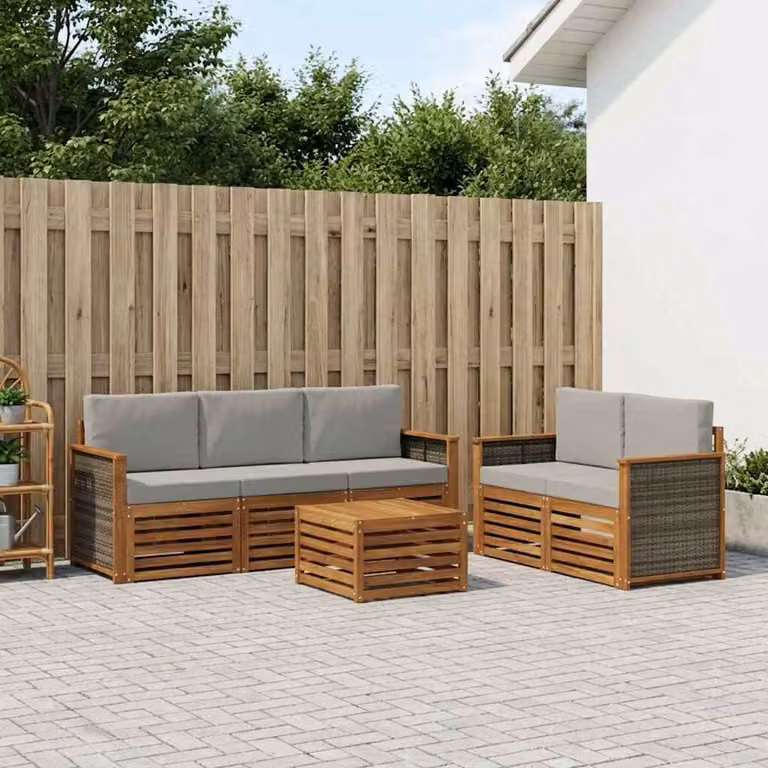 Set di divani da esterno vidaXL a forma di L composto da 6 pezzi con tavolino da caffè, in legno di acacia trattato, colori beige, grigio e marrone