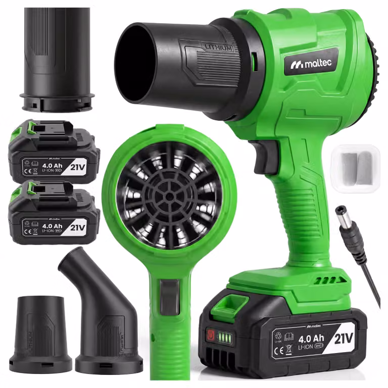 Soffiatore a batteria MalTec con 2 batterie da 4 Ah e 21V, ideale per foglie e neve, con una velocità fino a 240 km/h, modello Masterblow, 1000 W