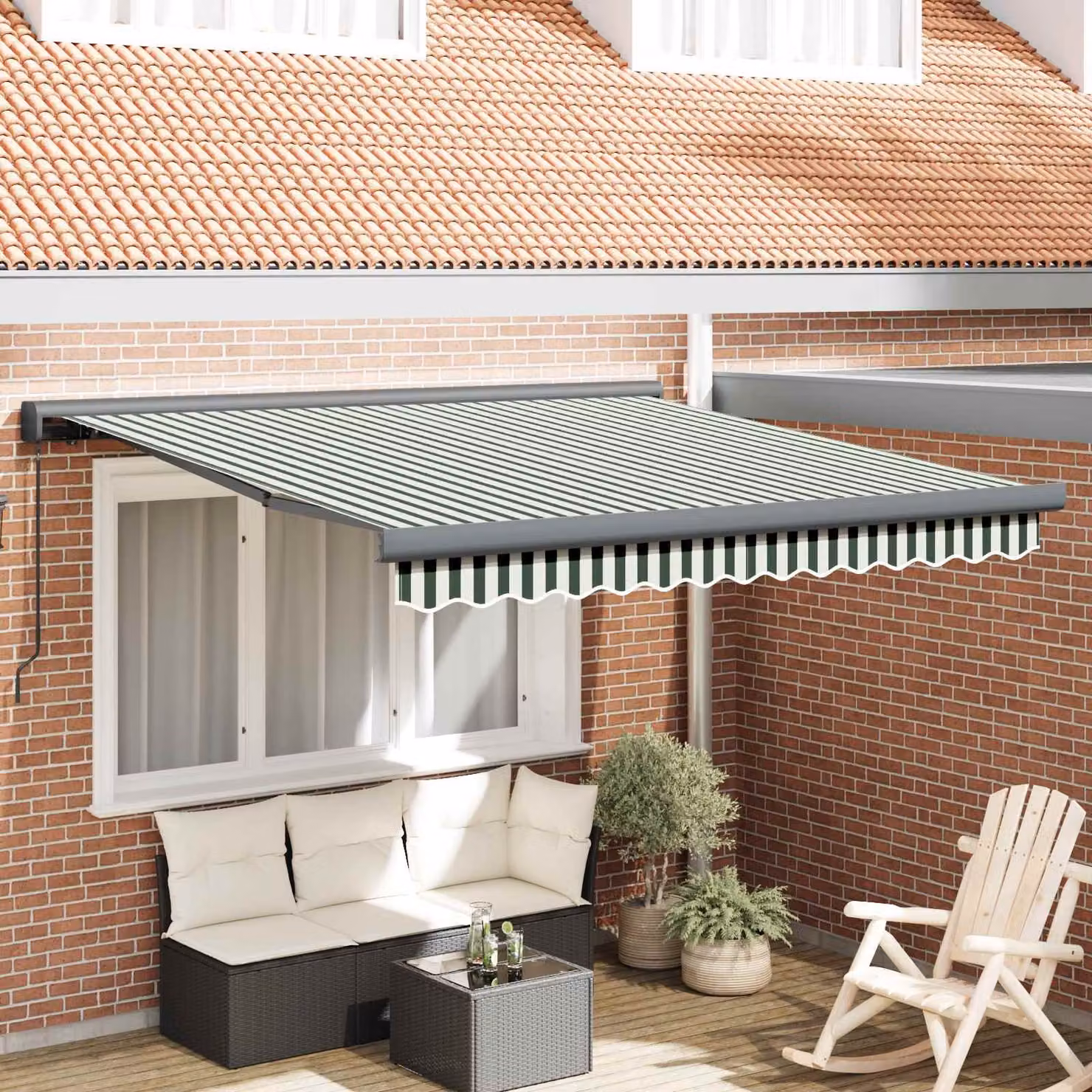 Tenda retrattile vidaXL con bracci pieghevoli in alluminio e poliestere, Verde e Bianco, L: 350 cm x P: 250 cm