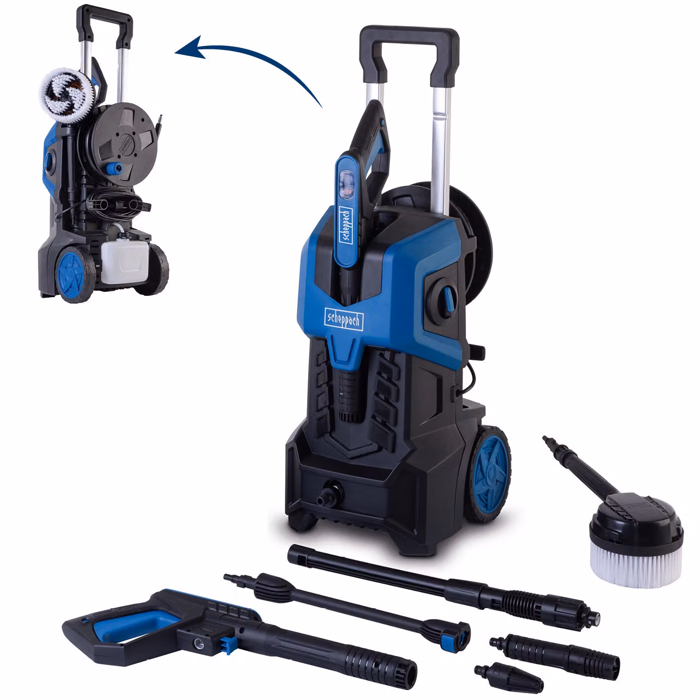 Idropulitrice Scheppach HCE3000 | Motore da 2400 W | Pressione massima 180 bar | Portata 480 L/h | Tubo flessibile antitorsione da 8 m | Elemento ugello incluso