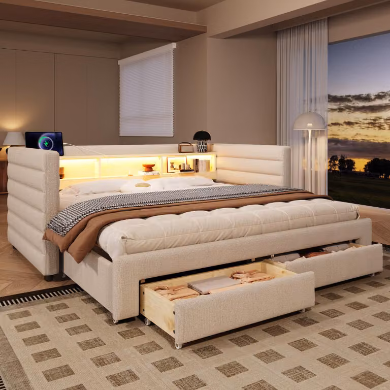 Divano letto Flieks Letto imbottito 90x190cm con led e funzione di ricarica, daybed con 2 cassetti e vani a giorno, velluto, beige