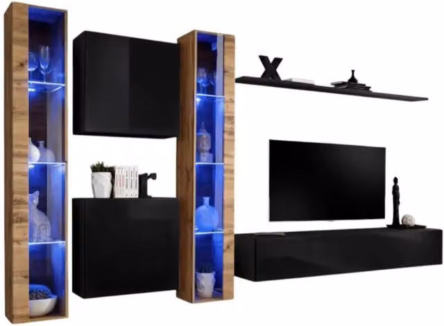 Composizione murale SWITCH XVI Meublorama con mobile TV, vetrine LED, cubi e mensola, Nero lucido e Quercia Wotan, L: 330 cm, H: 180 cm, P: 40 cm – 1