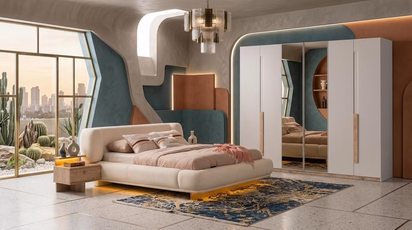 Due comodini, armadio, camera da letto, stile moderno, colore beige
