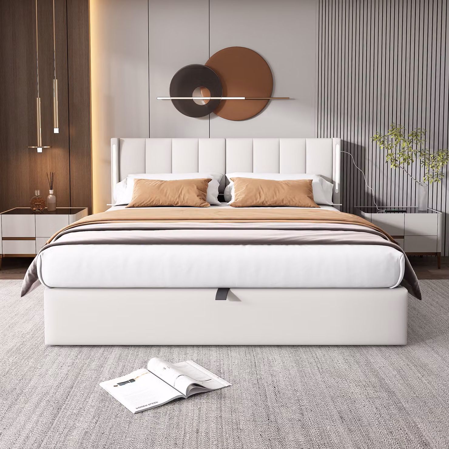 MODFU Letto boxspring idraulico 160 x 200 cm con retroilluminazione a LED, letto imbottito funzionale con porta di ricarica USB, letto matrimoniale con vano contenitore,Poliuretanobianco (senza materasso)
